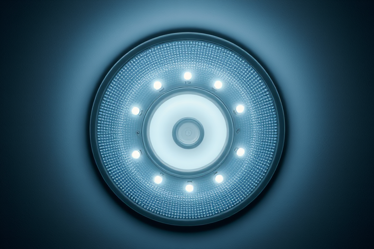 Create a high-resolution image of a circular LED light fixture with a textured surface and a central light source, using a DSLR camera with a 50mm lens, aperture set to f/2.8, ISO 100, and a softbox for even lighting, shot from a top-down perspective to highlight the details.