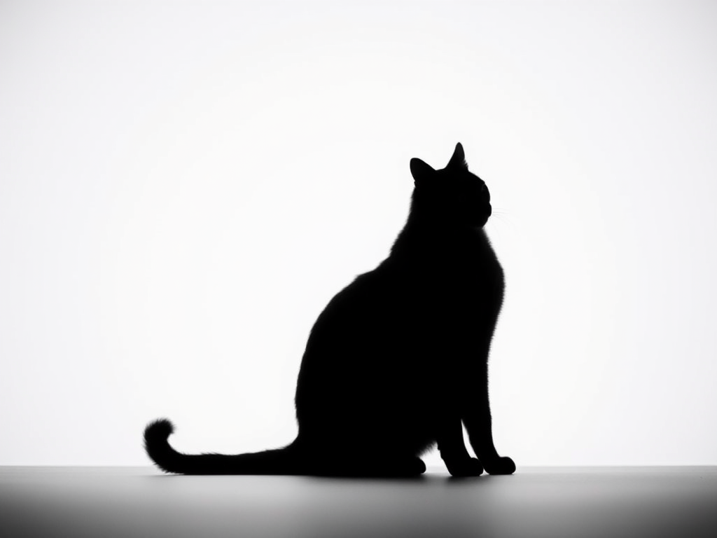 Generate an image of a simple black silhouette of a cat sitting, using a DSLR camera with an aperture of f/2.8, ISO 100, a focal length of 50mm, shot from a low angle view, in a minimalist style, against a soft gradient background for enhanced contrast and clarity.
