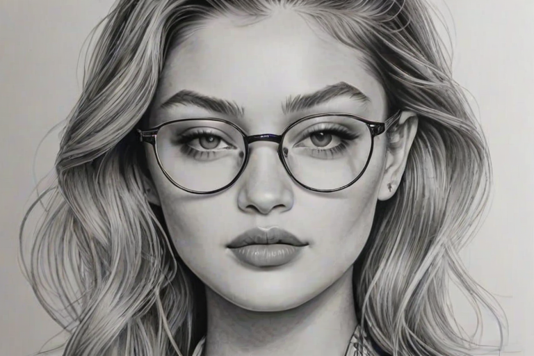 Ravishing Gigi Hadid, pencil sketch, portrait of Magnificent woman 1952s in glasses, hair style beatnik, outline, clear lines, fine lines, 8k