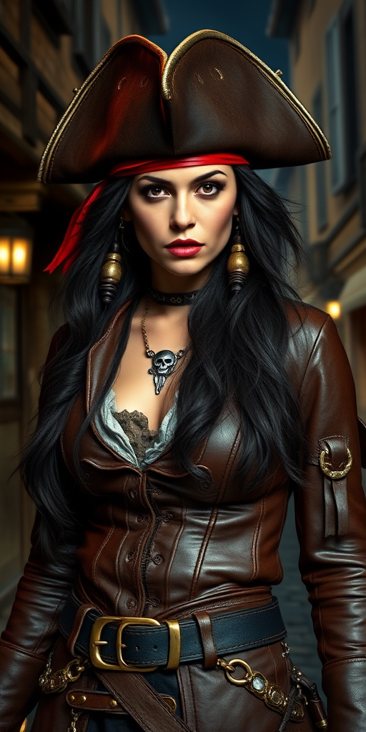 Create a portrait of a fierce female pirate. She wears a leather tricorn hat adorned with a skull and crossbones emblem, and her long, dark hair flows around her face. Her outfit consists of a richly detailed leather jacket, a corset, and multiple layers of belts and accessories, giving her a formidable and stylish appearance. She stands confidently in a dimly lit, historic port town, with a backdrop of weathered buildings and cobblestone streets, capturing the adventurous spirit of a pirate.