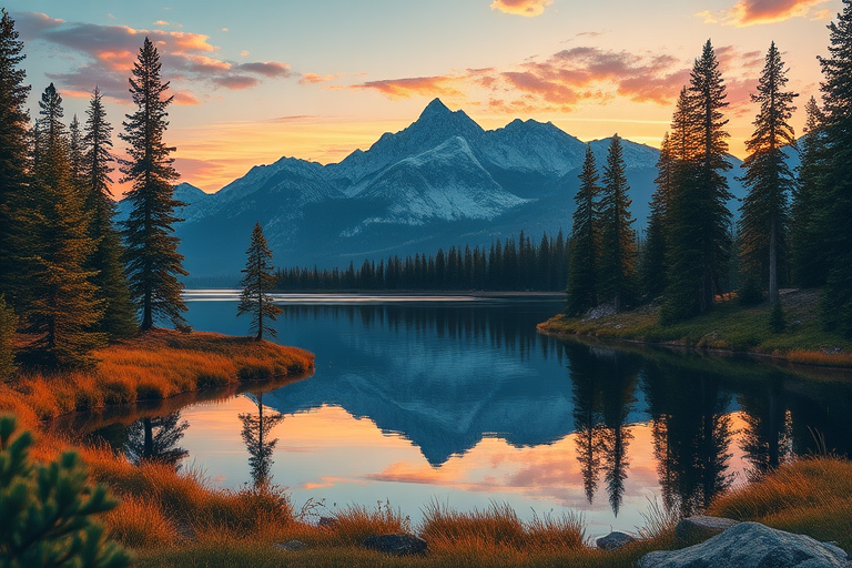 Create a detailed digital illustration of a serene landscape featuring a calm lake surrounded by tall pine trees and majestic mountains in the background during sunset, captured with a DSLR camera at f/8 aperture, ISO 100, 24mm lens, and a wide-angle view to enhance depth and detail.