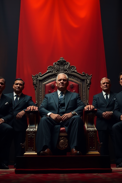 regenerate an image of a powerful leader seated on a throne surrounded by a group of men in dark suits, dramatic lighting with an orange and black background, taken with a Canon EOS R5, 50mm lens, f/1.8 aperture, ISO 100, 1/125s shutter speed, low angle shot to emphasize dominance and authority