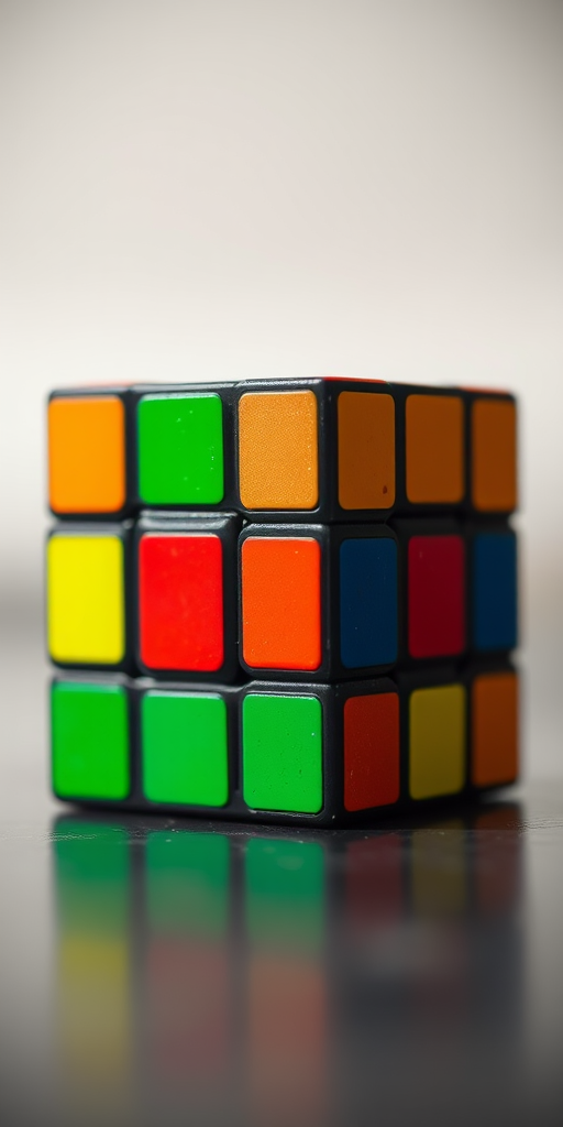 Capture a high-resolution image of a Rubik's Cube with a shallow depth of field, using a DSLR camera with a 50mm lens at f/2.8, ISO 100, and a shutter speed of 1/200 sec, focusing on the vibrant colors and details while blurring the background.