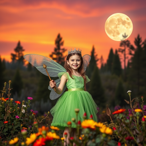 A vivid photo  taken under a bright camera flash of a fantastical scene set against a backdrop of a forest during sunset. The main subject is a girl dressed as a fairy, adorned with translucent wings and a green dress, holding a wand, her face is happy, and she wears a crown on her head. The forest behind her is a blend of flowers, shrubs and trees. The sky is painted in hues of orange and pink, with a large, glowing moon casting a warm glow over the scene. The overall color palette is dominated by earthy tones.