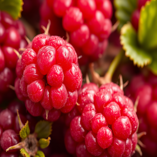Close-up of vibrant raspberries with detailed textures, soft focus background, natural light, aperture f/2.8, ISO 100, 50mm lens, DSLR camera, high resolution.