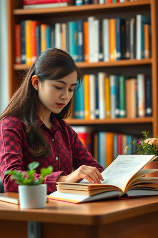 female student reading at a desk with open book and a plant on the side, bookshelf in the background filled with colorful books, soft focus, 50mm lens, f/2.8 aperture, natural lighting, digital art style