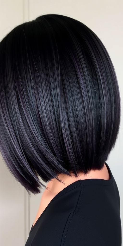 Velvet Midnight Shadow displays a rich, deep black base with subtle dark purple undertones, cut into a sleek, angular bob with razor-sharp edges