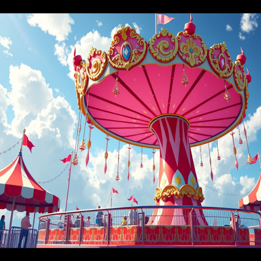 Create a vibrant digital illustration of a whimsical carnival ride with a large red and pink umbrella design, surrounded by colorful stars and fluffy blue clouds, using a high-resolution digital camera set to f/8, ISO 100, and a shutter speed of 1/250s for clarity, capturing the scene from a slightly low angle to enhance depth and perspective.