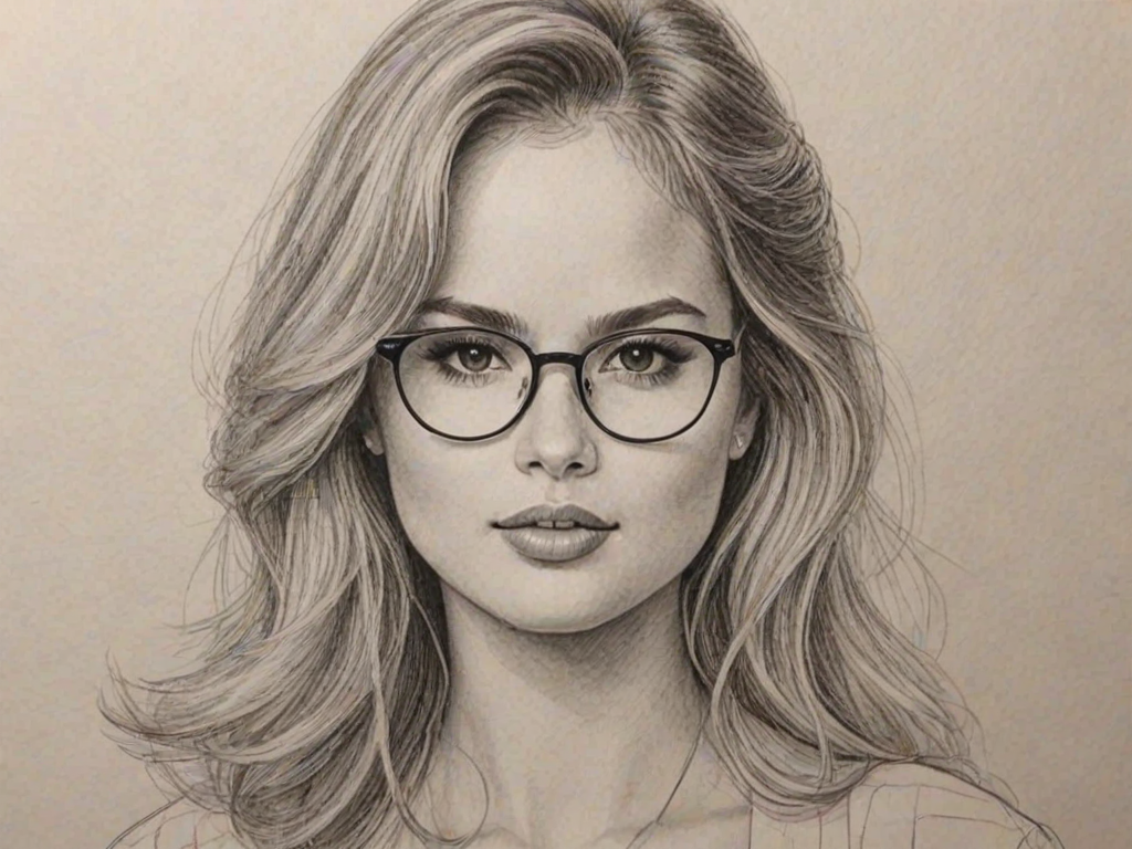 Stunning Debby Ryan, pencil sketch, portrait of Graceful woman 1980s in glasses, hair style beatnik, outline, clear lines, fine lines, 8k
