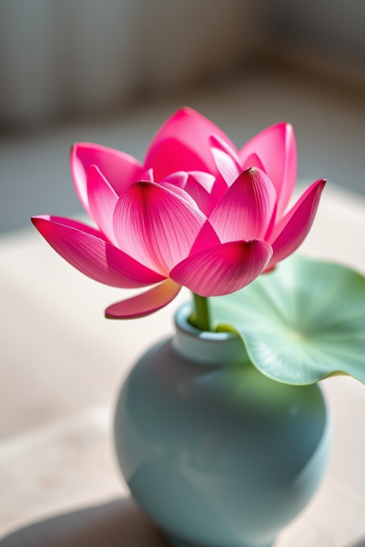 A vibrant pink lotus flower in a pale blue vase with a smooth finish, captured in soft natural light, shallow depth of field, shot with a DSLR camera at f/2.8, 50mm lens, focus on the flower, high resolution for sharp details.