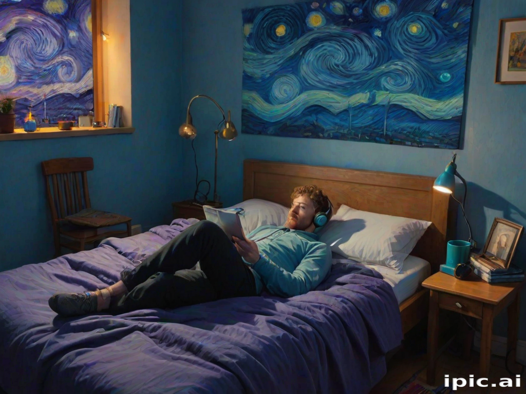 A top-down Van Gogh-style painting of a young man lying on his bed, listening to music with headphones. The room is softly lit with deep blues and purples, creating a peaceful nighttime atmosphere. The bed has a soft pillow, and the man's arms are resting behind his head. Around the bed, various glowing gadgets such as a smartphone, a laptop, and a small lamp are visible, casting a gentle light. The rest of the bedroom includes a desk with books, a chair, and a small rug on the floor. A window near the bed reveals a starry night sky with swirling stars, reminiscent of Van Gogh's 'Starry Night.' On the desk, there is a sketchbook with colorful drawings, a cup of coffee steaming gently, and a small potted plant. The walls have posters of famous paintings and a corkboard with pinned notes and photos. The scene is full of dynamic, swirling brushstrokes, capturing the essence of Van Gogh's unique style. The overall mood is serene and contemplative, with a touch of artistic inspiration.