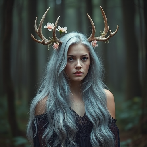 Create a mystical forest portrait of a young woman with long silver hair and floral antlers, captured in soft, diffused light with a shallow depth of field, using a Canon EOS R5, 85mm f/1.2 lens, ISO 200, aperture f/1.8, shutter speed 1/200s, in a dreamy, ethereal style.