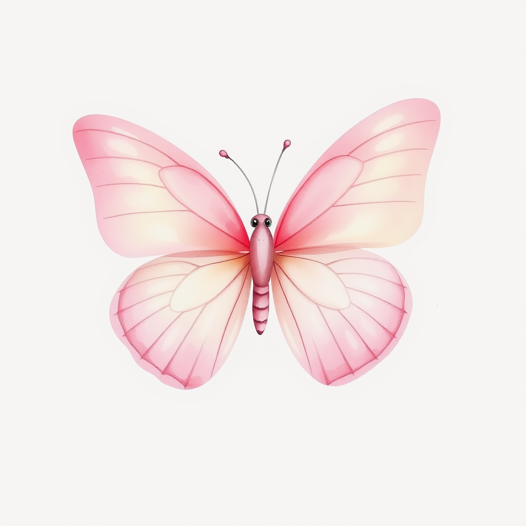 Create a watercolor illustration of a delicate pink butterfly with soft gradient wings, showcasing shades of light pink and cream. The butterfly should be depicted from a side view, highlighting its intricate wing patterns and gentle curves. The background should be minimal to emphasize the beauty of the butterfly.
