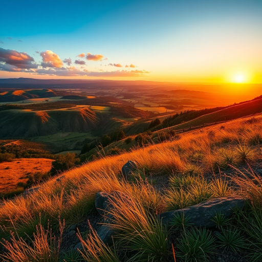 Create a high-resolution image of a scenic landscape during golden hour, using a DSLR camera with a 50mm lens, aperture set to f/1.8, ISO 100, and a shutter speed of 1/200s, with a focus on vibrant colors and detailed textures.