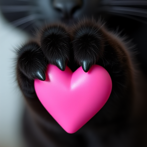 a close-up of a black cat paw holding a bright pink heart in a minimalistic style, shot with a 50mm lens at f/2.8, ISO 100, in natural light, using a DSLR camera with a shallow depth of field for softness around the edges