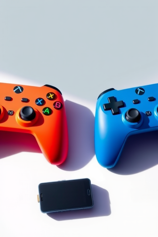 Create a high-resolution digital illustration of three gaming controllers in vibrant colors, captured with a 50mm f/1.8 lens, at ISO 100, aperture set to f/5.6, in a flat lay style with a bright, even lighting setup.