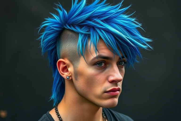Edgy rock star sporting a choppy, layered mullet with electric blue tips and shaved sides, styled for maximum volume and attitude