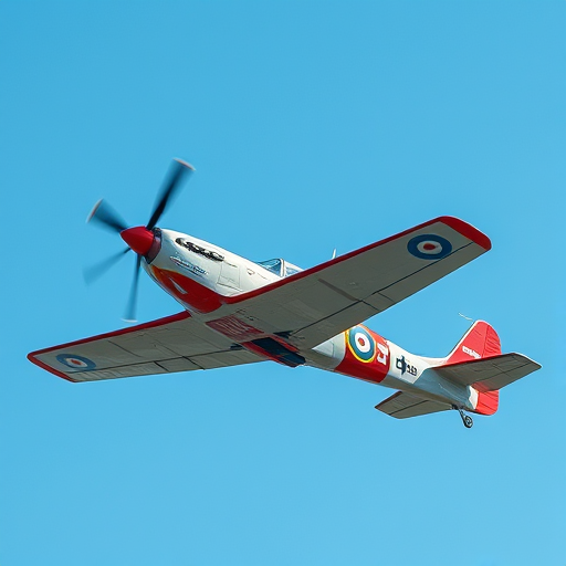 a high-resolution side profile image of a vintage airplane in flight, captured with a Canon EOS R5, 50mm lens, f/2.8 aperture, 1/1000s shutter speed, ISO 100, with a clear blue sky background and sharp focus on the aircraft's details