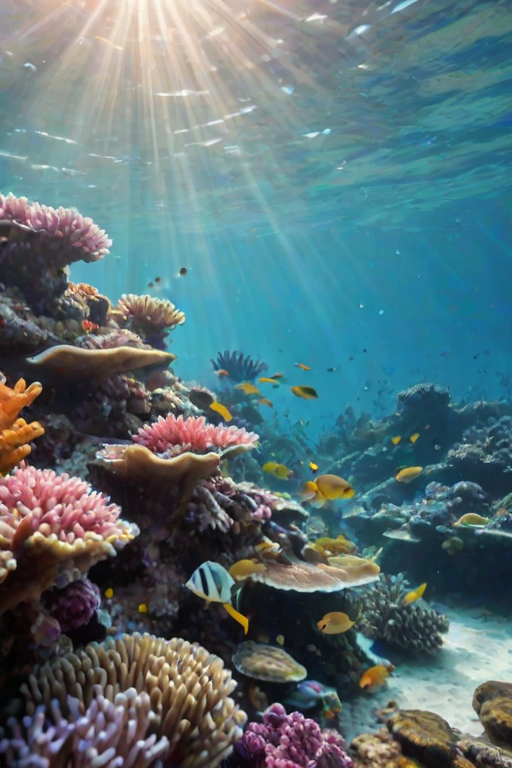 Soft-focus image of a vibrant coral reef underwater, with colorful fish swimming among the coral, soft beams of sunlight filtering through the water.