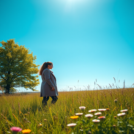 Create a serene landscape featuring a vibrant green tree on the left side and a silhouette of a woman in a pink coat standing in a field of tall grass with wildflowers under a bright blue sky, using a DSLR camera at f/8 aperture, ISO 100, 50mm lens, and a wide-angle perspective to enhance depth and clarity.