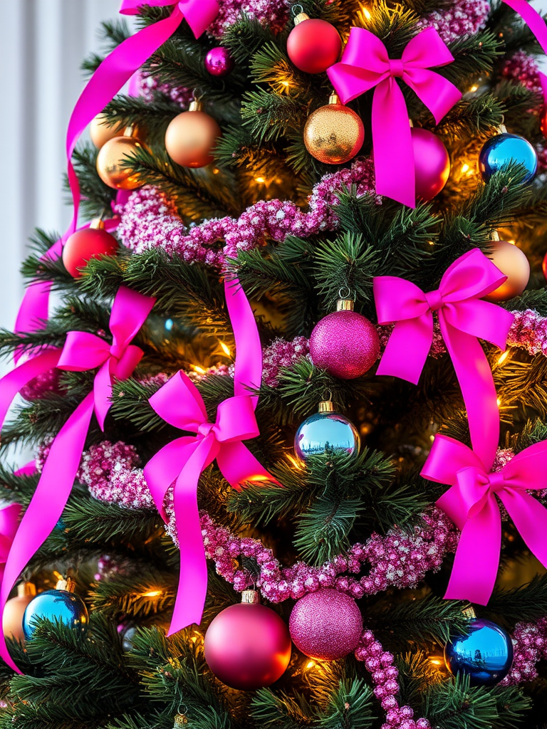 Create an image of a vibrant Christmas tree adorned with bright pink and purple ribbons, colorful ornaments in various sizes, and twinkling lights, capturing a festive and cheerful holiday atmosphere.