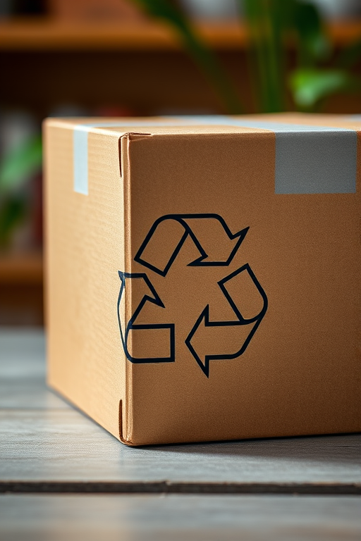 Create a high-resolution image of a cardboard box with a recycling symbol, using a Canon EOS 5D Mark IV, 50mm lens, aperture f/8, ISO 100, natural lighting, focused on the texture and details of the box.