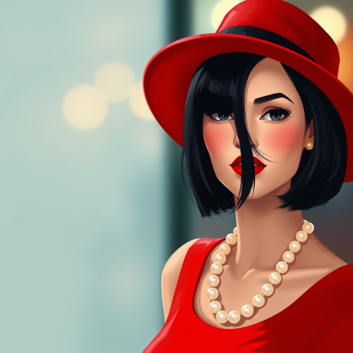 Generate a high-quality illustration of a chic woman in a red hat and a black bob haircut wearing a red dress and a pearl necklace, captured with a 50mm lens at f/1.8, with a soft focus background and vibrant colors, using a digital painting style.