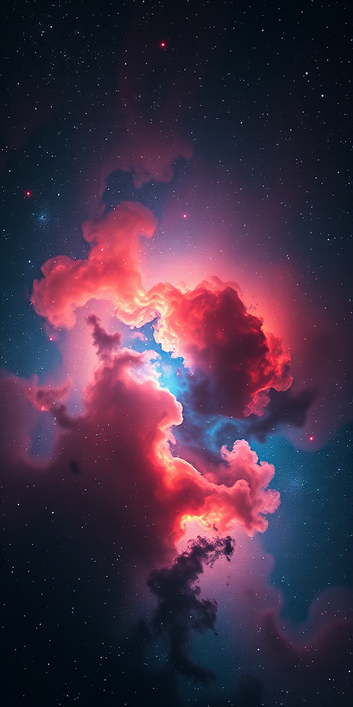 Create a highly detailed digital rendering of a vibrant and colorful nebula in space, captured with a wide-angle lens, aperture set to f/2.8, ISO 800, 30-second exposure, astrophotography style, using a full-frame DSLR camera.