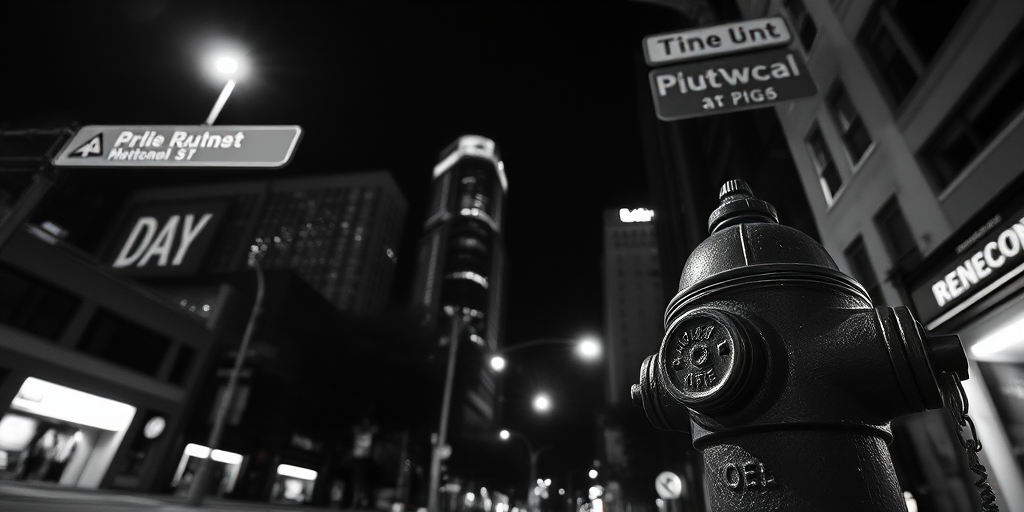 night cityscape with street signs and buildings, low-angle view, wide aperture f/1.8, ISO 800, shutter speed 1/60s, mirrorless camera, black and white style, high contrast, urban environment, focus on fire hydrant