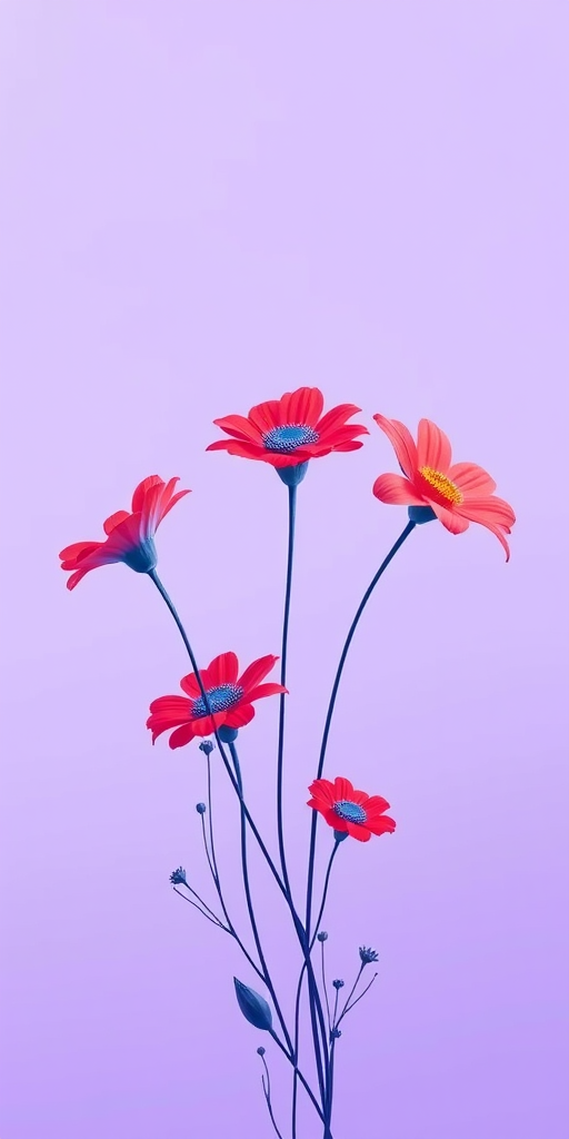 Create a vibrant digital illustration of stylized red and blue flowers on a soft purple background, using a Canon EOS R5 camera, f/2.8 aperture, ISO 100, 50mm lens, shooting in portrait orientation with soft lighting to enhance details and colors.