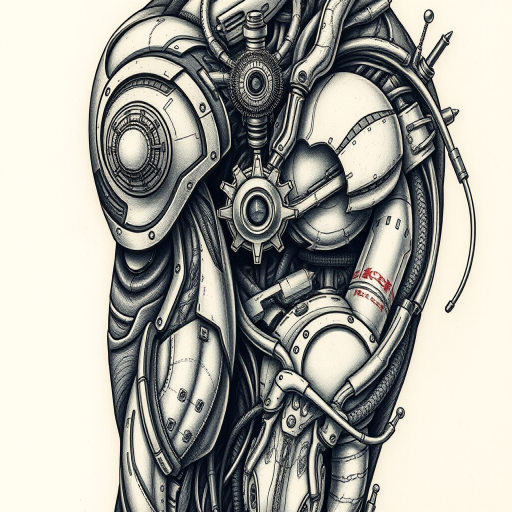 Biomechanical "Techno-Organic Fusion" tattoo artwork blending mechanical components with organic tissues to create a seamless cyborg-like aesthetic with intricate detailing and shading techniques