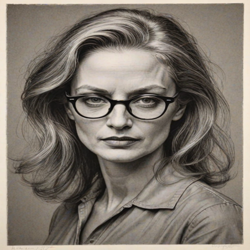 Wonderful Annie Leibovitz, pencil sketch, portrait of Bewitching woman 1966s in glasses, hair style beatnik, outline, clear lines, fine lines, 8k