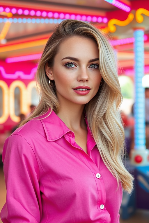 realistic image of a blonde woman, she is in an amusement park, she is wearing a pink shirt