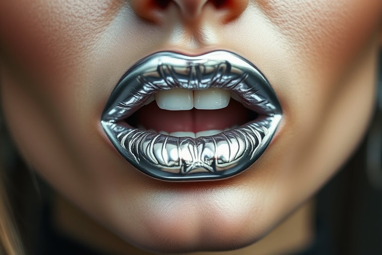 Metallic silver lips with a chrome-like finish, reflecting light and creating a futuristic, space-age look for an avant-garde runway show