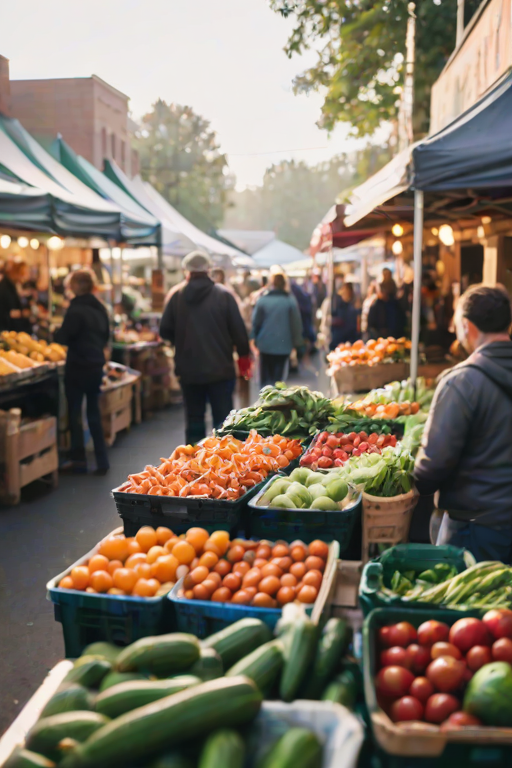 Blurry candid shot of a busy farmers' market at sunrise, soft light illuminating the colorful stalls of fresh produce, with vendors and customers moving about in a blur of motion.