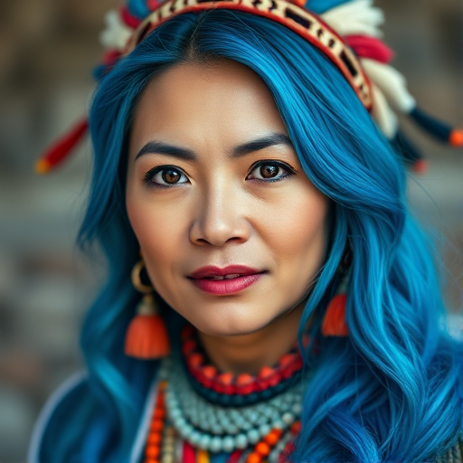 Generate a high-resolution portrait of a woman with vibrant blue hair and traditional Native American attire, using a Canon EOS R5 camera, 50mm lens, f/1.8 aperture, ISO 100, natural lighting, portrait orientation, with a soft focus background to enhance subject clarity and detail.