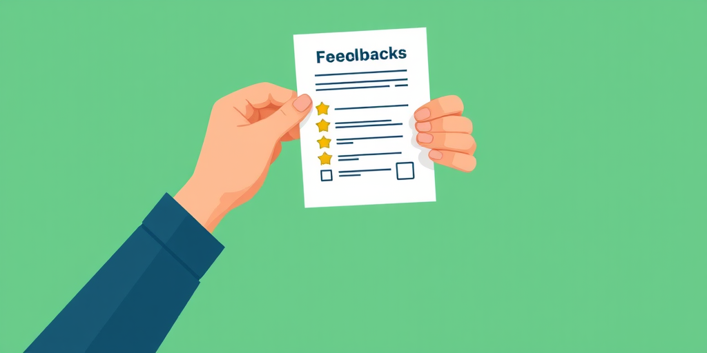 Create an illustration of a person holding a feedback form with yellow stars and a checked box on a green background, using a Canon EOS R5 camera, 50mm lens, f/1.8 aperture, ISO 100, and a slightly elevated angle for a dynamic perspective.