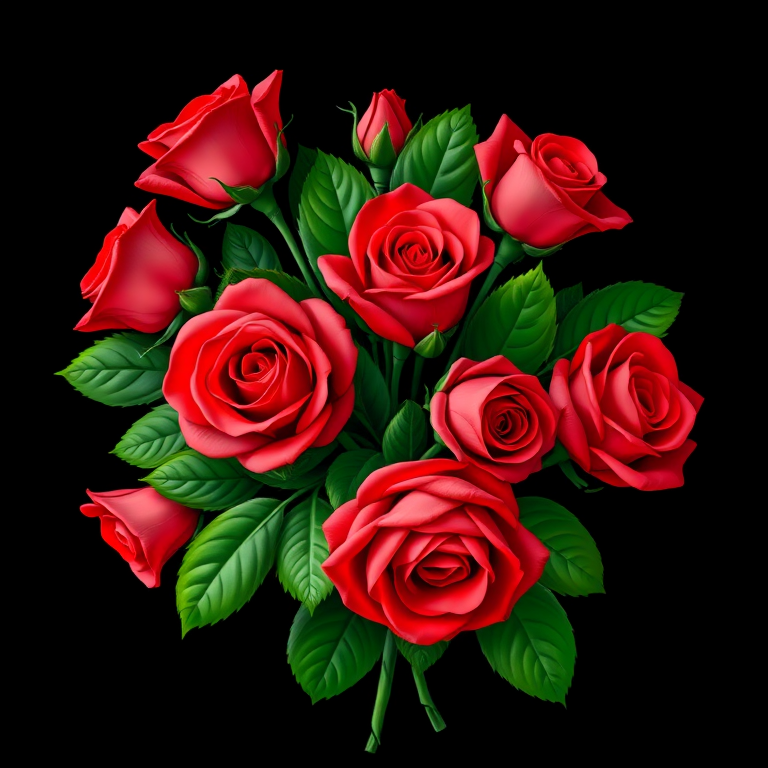 Create a vibrant illustration of a bouquet of red roses with lush green leaves on a black background, using a high-resolution digital camera, with a 50mm lens at f/2.8, shot from a slightly elevated angle to capture depth and detail.