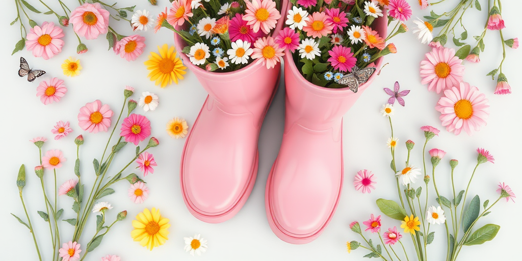 spring-themed illustration of pink rubber boots filled with colorful flowers, butterflies, and soft pastel colors, shot with a Canon EOS R5, aperture f/2.8, ISO 100, 50mm lens, soft focus style, top-down view.