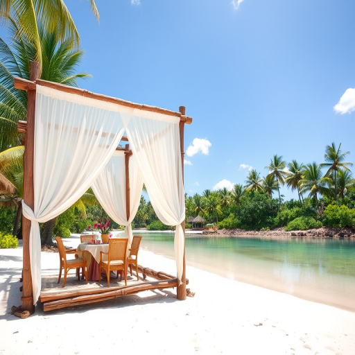 Create a picturesque tropical beach scene featuring a serene, white sandy shore. In the foreground, there's a rustic wooden canopy with white drapes gently flowing in the breeze. Underneath the canopy, a table is set with tropical decor, evoking a sense of relaxation and leisure. The beach extends into a calm, shallow water area with reflections of the sky and surroundings. Palm trees and lush greenery line the edge of the beach, providing a natural, tropical backdrop. The sky is clear with a few scattered clouds, and the overall atmosphere is tranquil and inviting, perfect for a peaceful retreat.