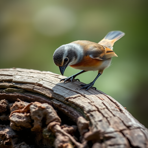 Capture a detailed close-up of a small bird foraging on a weathered log, using a DSLR camera with a 200mm lens, aperture set to f/4 for shallow depth of field, ISO 400 for clear image quality, and a shutter speed of 1/500 second in natural lighting.