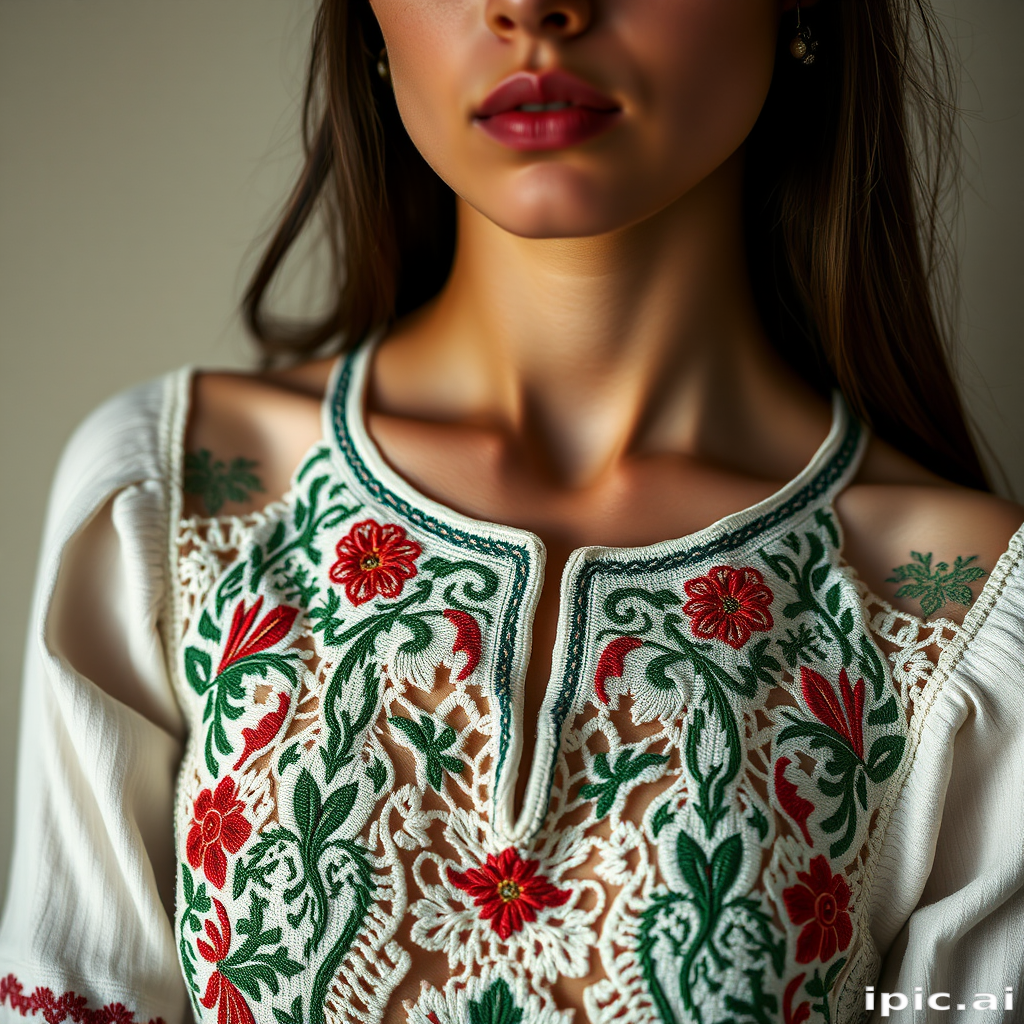 Face, shoulders, chest covered in openwork Ukrainian embroidery. Raw, unedited image.