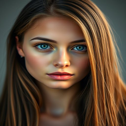 Generate a hyper-realistic portrait of a young woman with long, straight hair and striking blue eyes, using a Canon EOS R5 camera, 50mm lens, f/1.8 aperture, ISO 100, in soft studio lighting with a bokeh background for an ethereal effect.