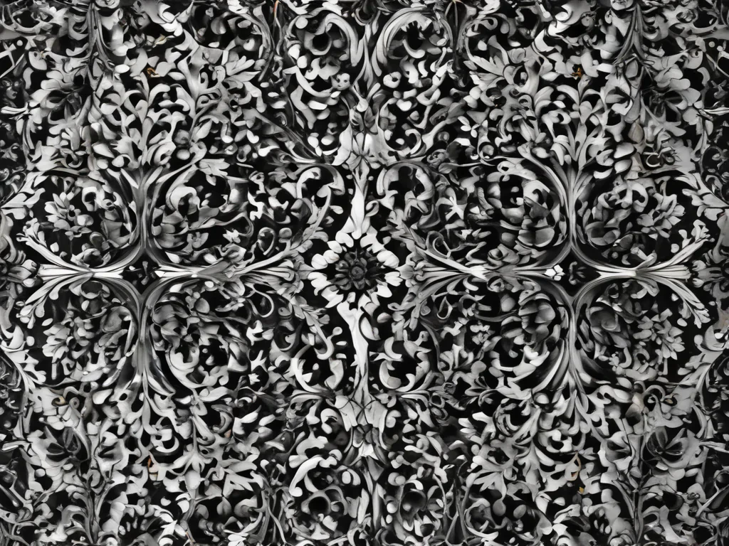Intricate Black and White Floral Pattern with Elegant Swirls and Details