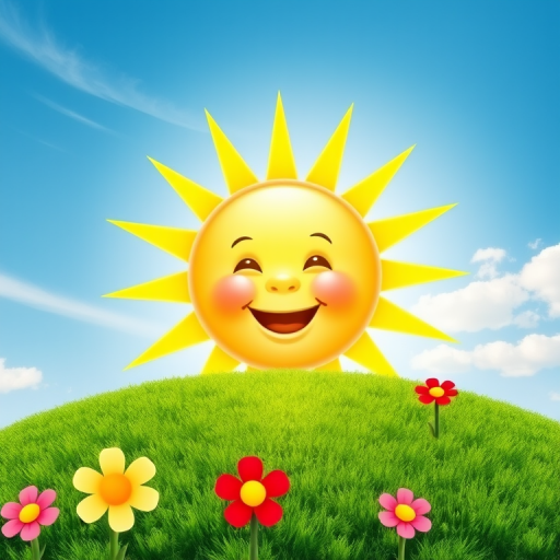 Create an image shows a bright, sun with a smiling baby's face in the center, radiating soft yellow rays. The sun is set against a clear blue sky with a few wispy clouds. Below, there's a lush green grassy hill with colorful, oversized flowers, giving the scene a whimsical, playful atmosphere.