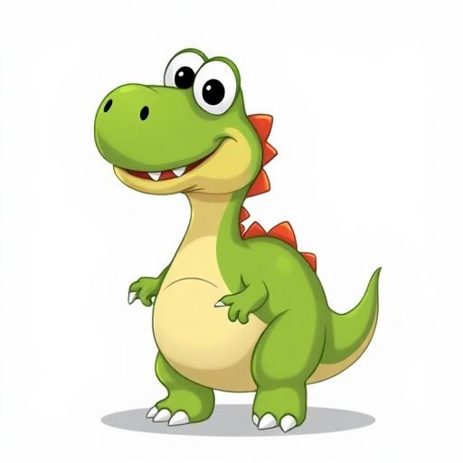 Create a cartoon dinosaur character with a round green body, white eyes, and small teeth, with a playful pose, using a digital drawing style, 300 dpi resolution, front view, soft lighting.