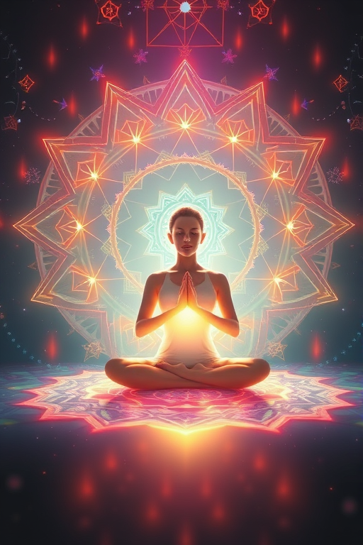 Generate an ethereal image of a meditating figure surrounded by vibrant geometric patterns and glowing energy fields in a serene environment, using a DSLR camera with a 50mm lens, aperture f/1.8, ISO 100, shot from a slightly above angle, in soft focus to enhance depth and color vibrancy.