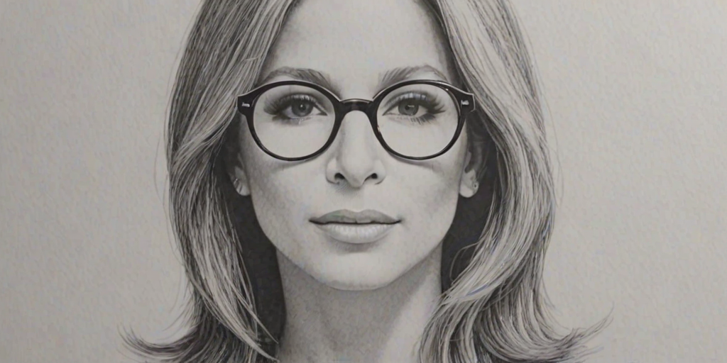 Comely Barbra Streisand, pencil sketch, portrait of Gorgeous woman 1973s in glasses, hair style beatnik, outline, clear lines, fine lines, 8k