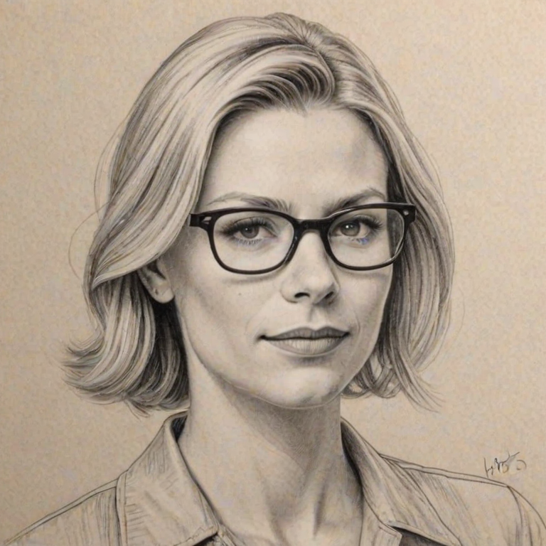 Delightful Claire Danes, pencil sketch, portrait of Radiant woman 1952s in glasses, hair style beatnik, outline, clear lines, fine lines, 8k