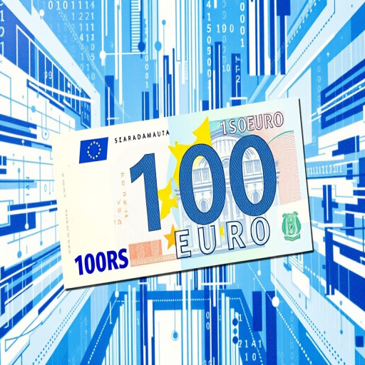 Generate a high-resolution image of a 100 euro banknote surrounded by a digital blue and white abstract design featuring binary code and geometric shapes, using a DSLR camera with 50mm lens, f/1.8 aperture, ISO 100, shot from a top-down view in natural light for enhanced depth and clarity.